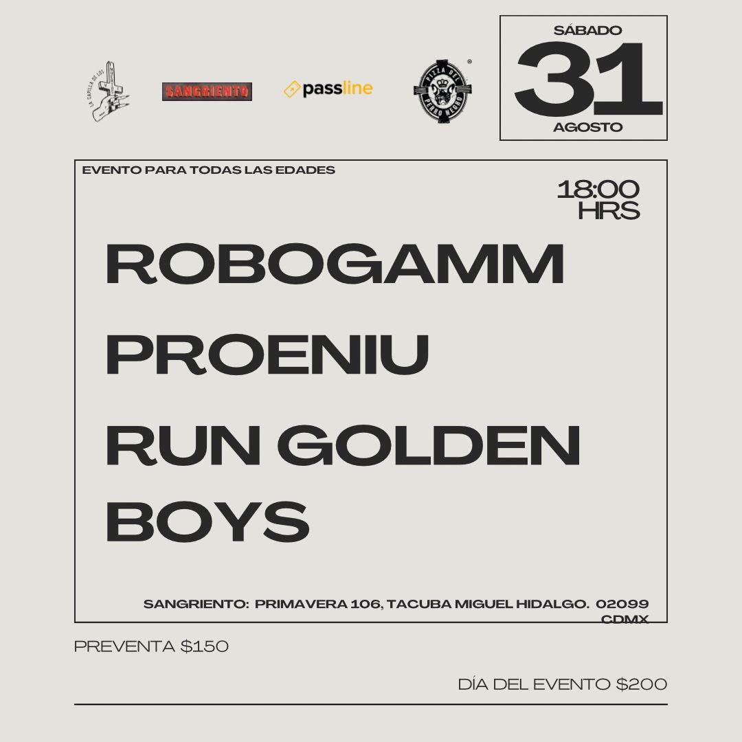 ¡Noche instrumental cargada de emociones! Nos unimos a Robogamm para celebrar sus 10 años y despedir Proeniu. Quizás sea nuestra última fecha del año y cierre de nuestros XV años. Ambientes que tocarán oídos, sentimientos y almas.

Acá los boletos: passline.com/eventos/roboga…