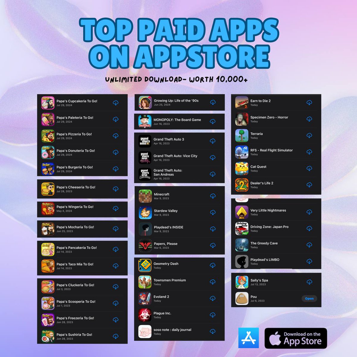 SD Game Pass Partnership with Swift MNL — UNLIMITED DOWNLOAD IOS TOP PAID GAMES! 

You can log into our account twice within 14 days and play a variety of games on the App Store at an affordable price of only ₱300. 

t. lf clients commissioner papas bundle monopoly gta sallyspa