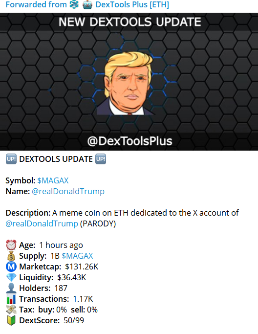 MAGAXETH's tweet photo. The $MAGAX @Dextools is now updated. 0/0% taxes and we are working on our DextScore to bring it to 99! If you're reading this now you're early 🇺🇸🇺🇸🇺🇸 https://t.co/T7OZi2yQiC