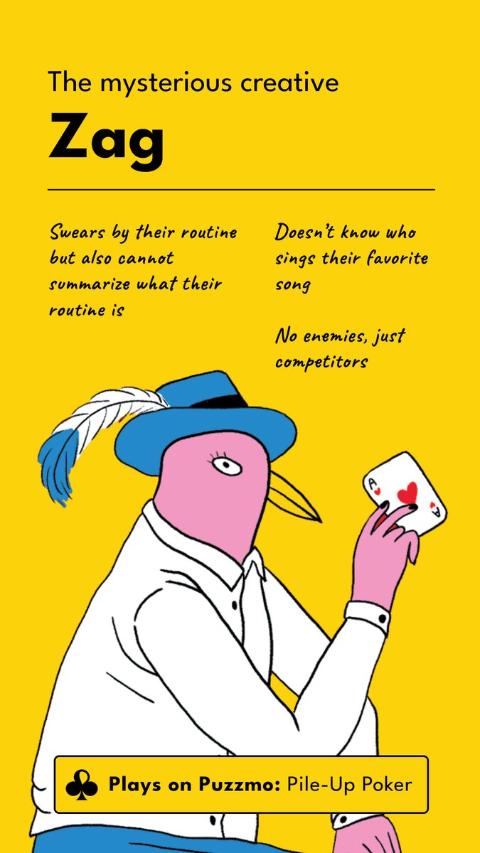 puzzmotoday's tweet image. Are you a Zag? A Rue? Our Lisa Hanawalt avatars are here — our most recently unlocked secret for Pile-Up Poker! View the whole set and choose your player avatar at puzzmo.com/me/profile

Keep playing to unlock our next secret at puzzmo.com/game/pile-up-p…
#pileuppoker #puzzmo