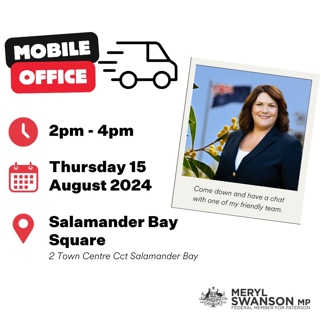 **𝐌𝐎𝐁𝐈𝐋𝐄 𝐎𝐅𝐅𝐈𝐂𝐄 - 𝐒𝐀𝐋𝐀𝐌𝐀𝐍𝐃𝐄𝐑 𝐁𝐀𝐘**

Come and visit my friendly staff.

#MerylSwansonMP #championforpaterson #mobileoffice