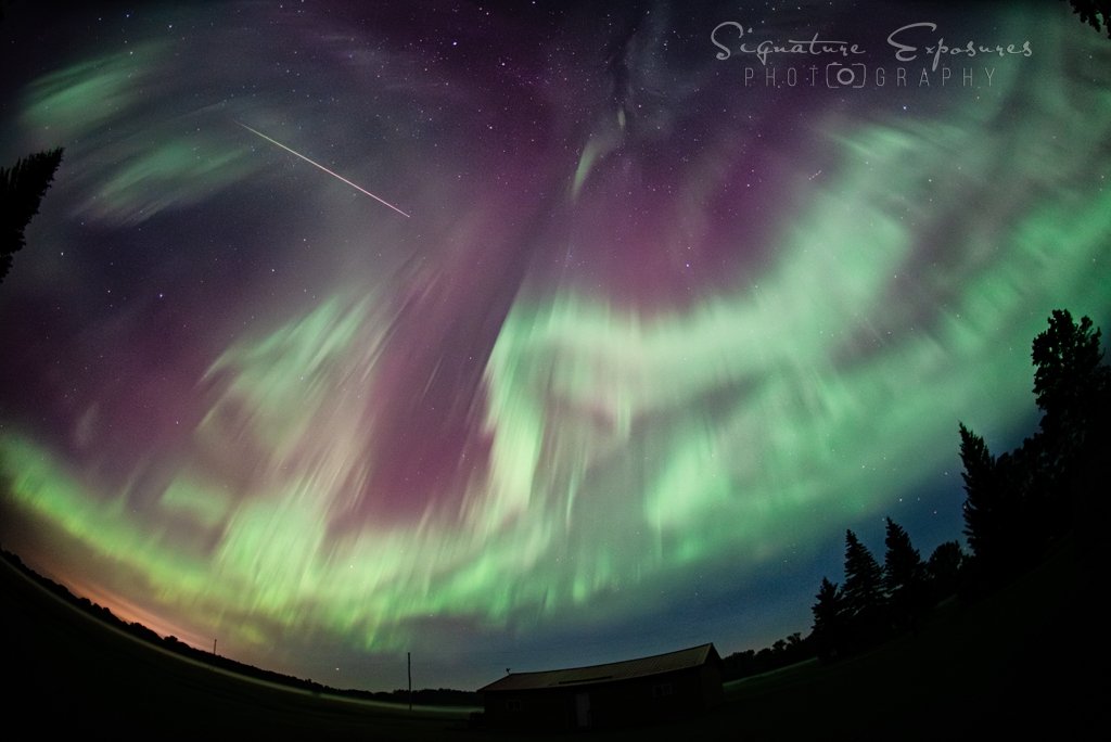 My 1/13,443 I am processing tonight! I am blown away with this #aurora show from last night! 🤯❤️😍🥳

I am so grateful for last night, more to come but ❤️❤️❤️ a huge purple and green perseids burner!  
#Nikon D750, 16mm Fisheye
#Manitoba #PerseidMeteorShower
#Perseids #meteor