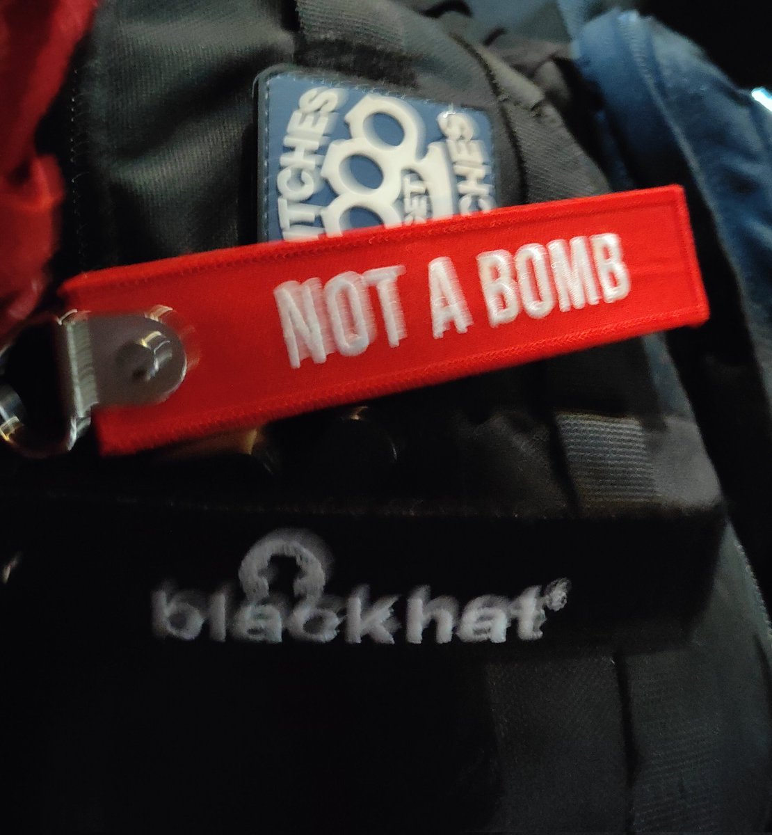 Heading to the airport. Realized that while the "Not a bomb" flight tag on my bag is fun for <a href="/defcon/">DEF CON</a>, it's probably not something I want to display while clearing TSA...