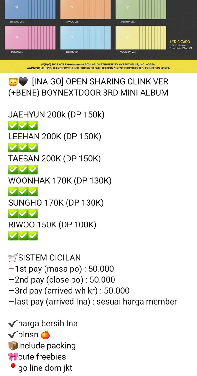 awtaesan's tweet photo. 🐱🖤  [INA GO] PO BOYNEXTDOOR - 3RD MINI ALBUM 'The Beginning of Countdown : 19.99'🖤🐱

#DdaengsanPO

🏷️PRICE ON PIC 

✅EST BERSIH INA (tergantung berat &amp; volume)
✅ Sealed, 1st Press
💸DP CICIL 
✅ GO Line
✅ PLNSN BY 🍊
🎀 CUTE FREEBIES
🏠 JKT https://t.co/6ssPyeZyct
