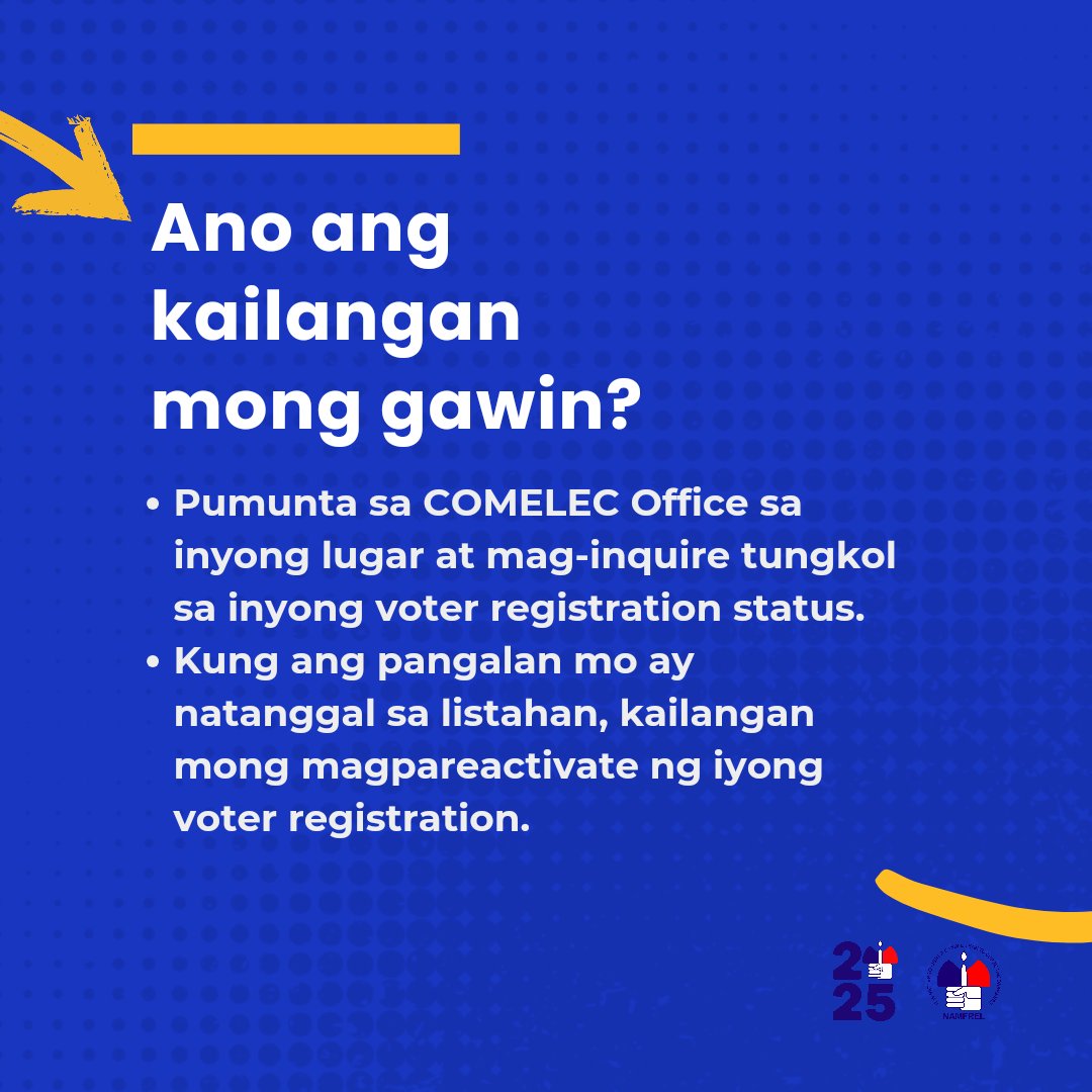 Namfrel's tweet photo. Alam mo ba na 5,105,191 na registered voters ang tinanggal mula sa official list ng COMELEC?

Baka isa ka na sa mga tinanggal!

Kung sa tingin mo natanggal ka sa listahan o kung hindi ka sigurado, ano ang kailangan mong gawin?
👇 Basahin ang infographic para malaman! https://t.co/5bAfb4ckmR