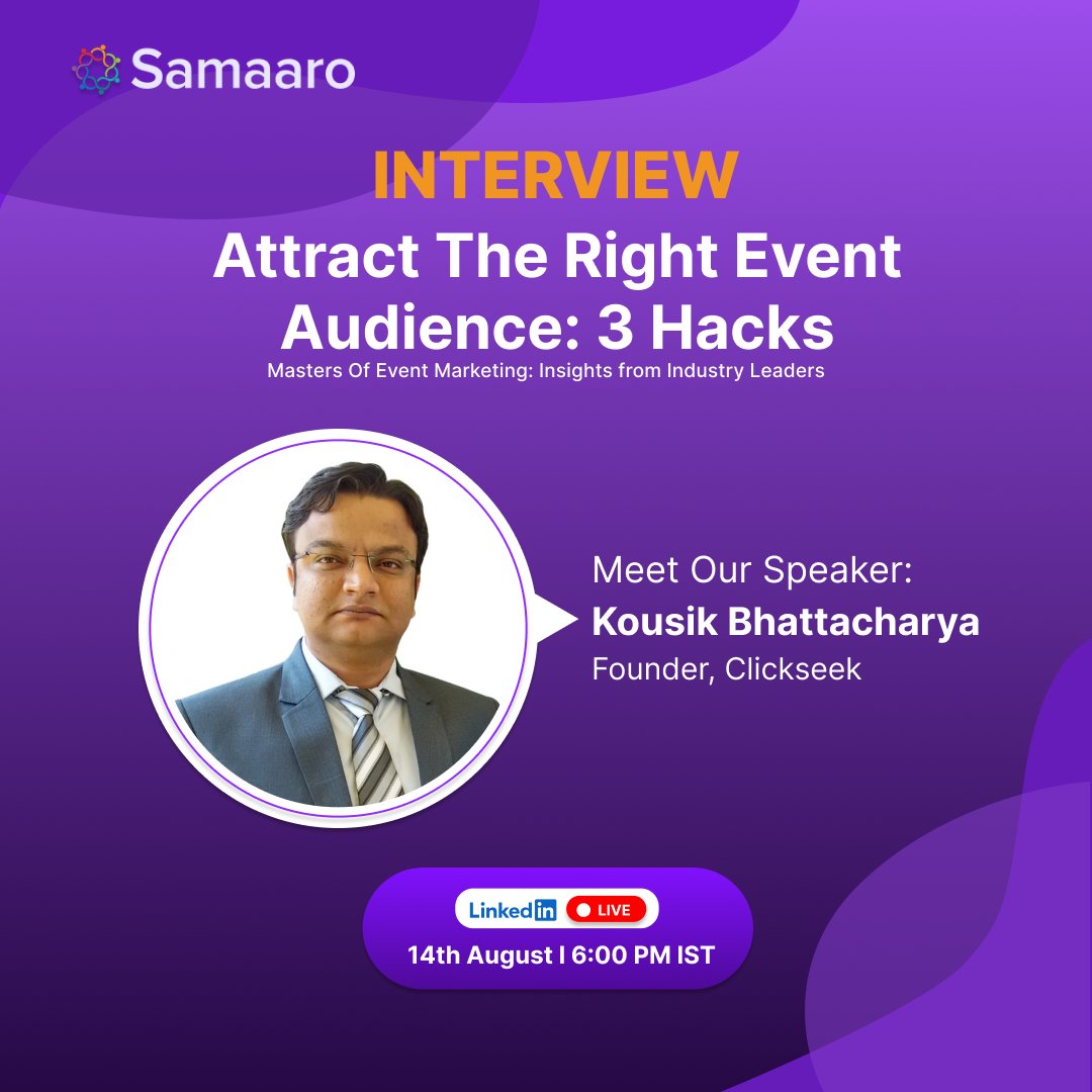 GoSamaaro's tweet image. Want to master event marketing?   
Join our event marketing masterclass with Kousik Bhattacharya!  
Don't miss out! Aug 14, 6 PM IST. 
Register: zurl.co/W216 

#eventmarketing #expertinterview #marketingtips #marketingstrategy #registernow