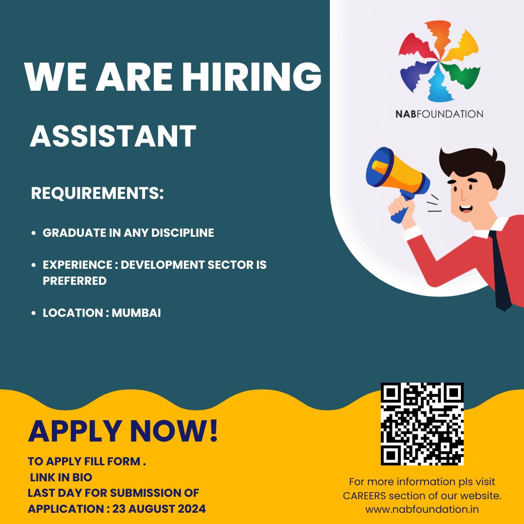 NABFOUNDATION a section 8, not for profit organization, wholly owned by NABARD, is looking for a ASSISTANT. Please visit Careers Section of our website
(nabfoundation.in) for more details. 

#NABARD #nabfoundation #wearehiring #assistant #jobsearch #jobopening #CSR