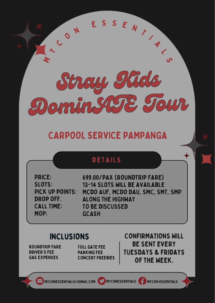 WTS LFB PH

STRAY KIDS dominATE Tour PAMPANGA Carpool

📍Mabalacat Dau Angeles San Fernando

Further details are posted below. 

If you wish to avail slot/s, kindly fill out this form: bit.ly/skz-tour

🏷️ bulacan vanpool service 

#StrayKids #dominATE_BULACAN