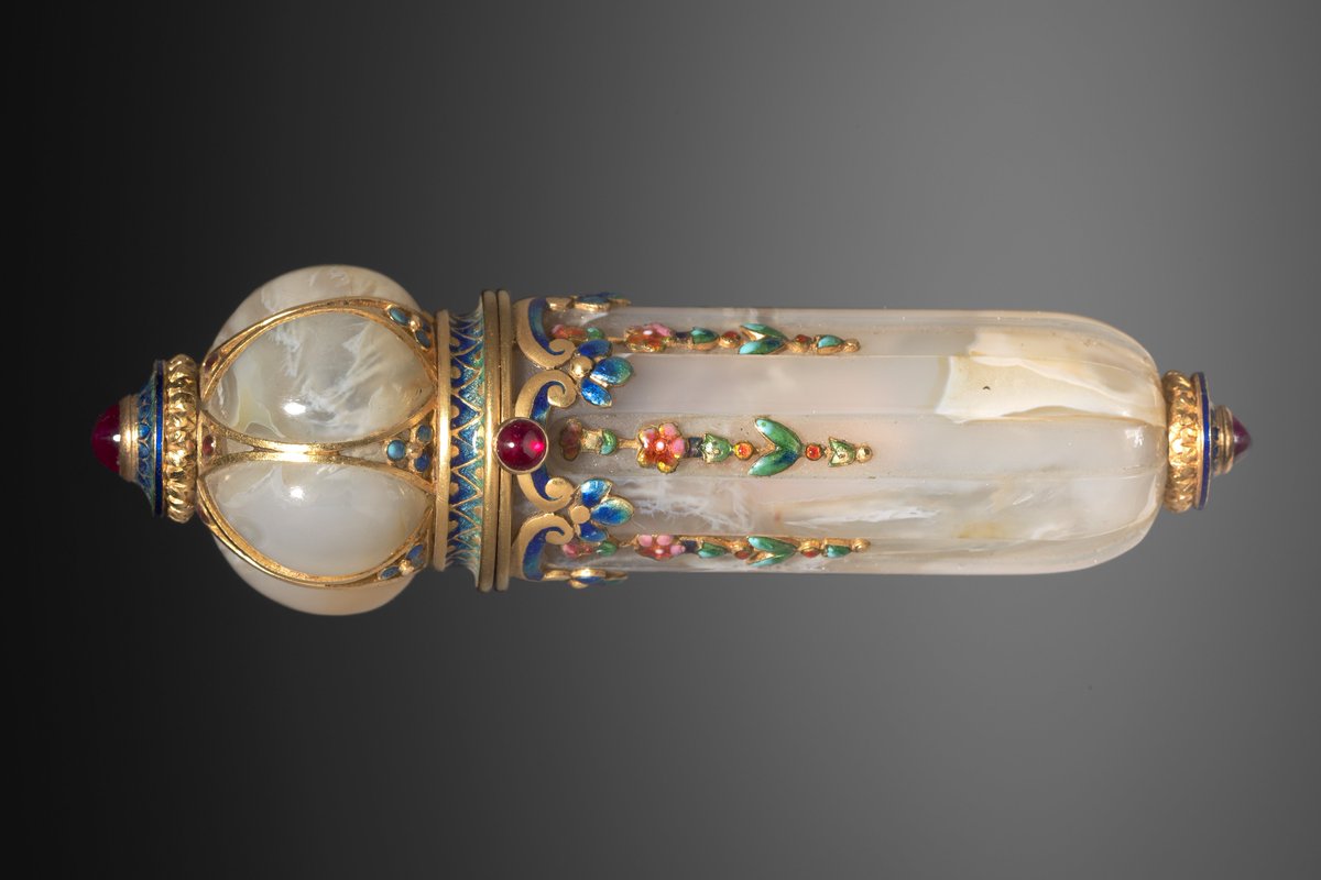 Perfume Vial, c. 1900. Tecla Firm (French). Agate with enamel, gold &amp; rubies.