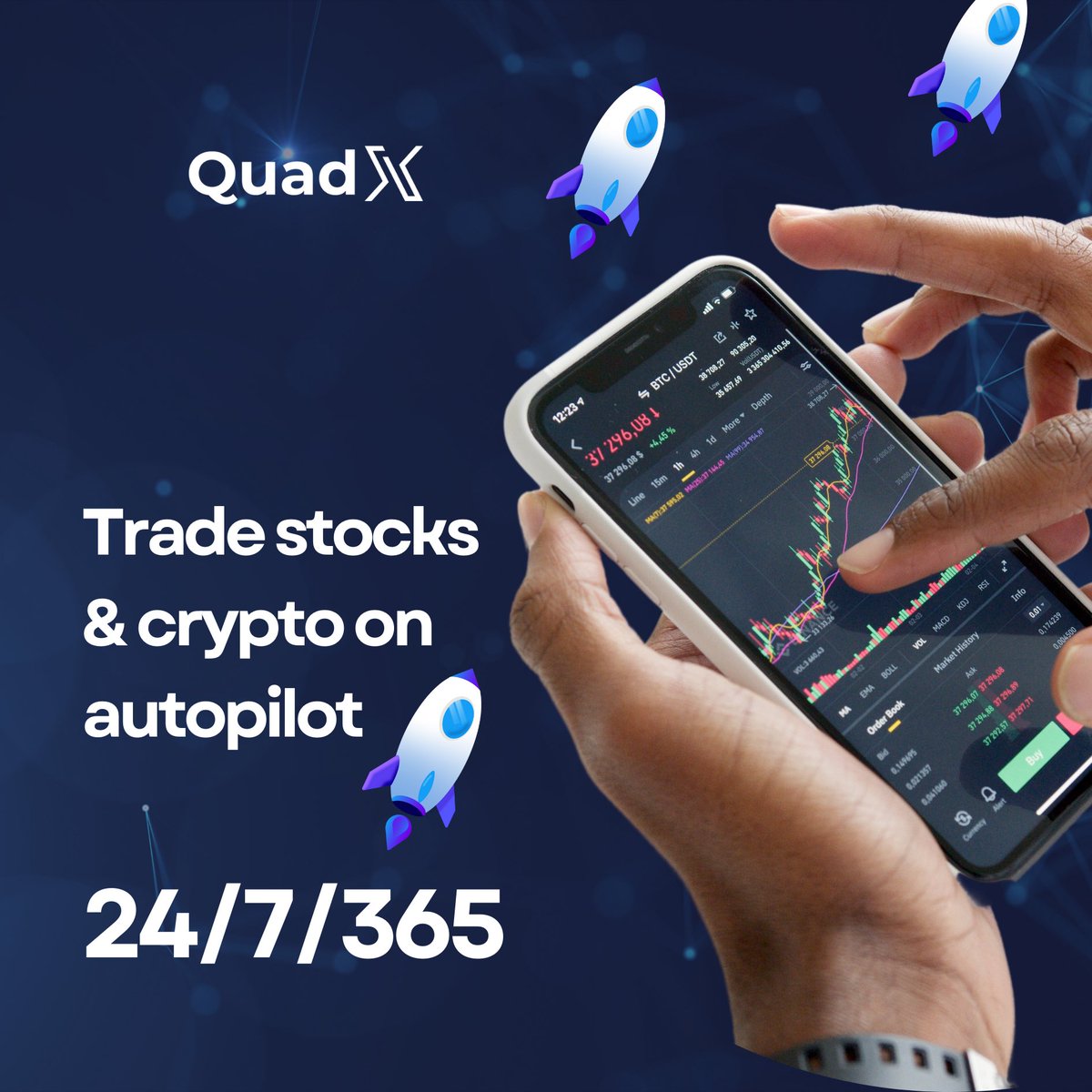quadx_io's tweet photo. “Trade stocks and crypto on autopilot, 24/7/365. Let your investments work for you, anytime, anywhere. 🚀 #AutoTrading #Crypto #InvestSmart” https://t.co/eMttov0oGJ