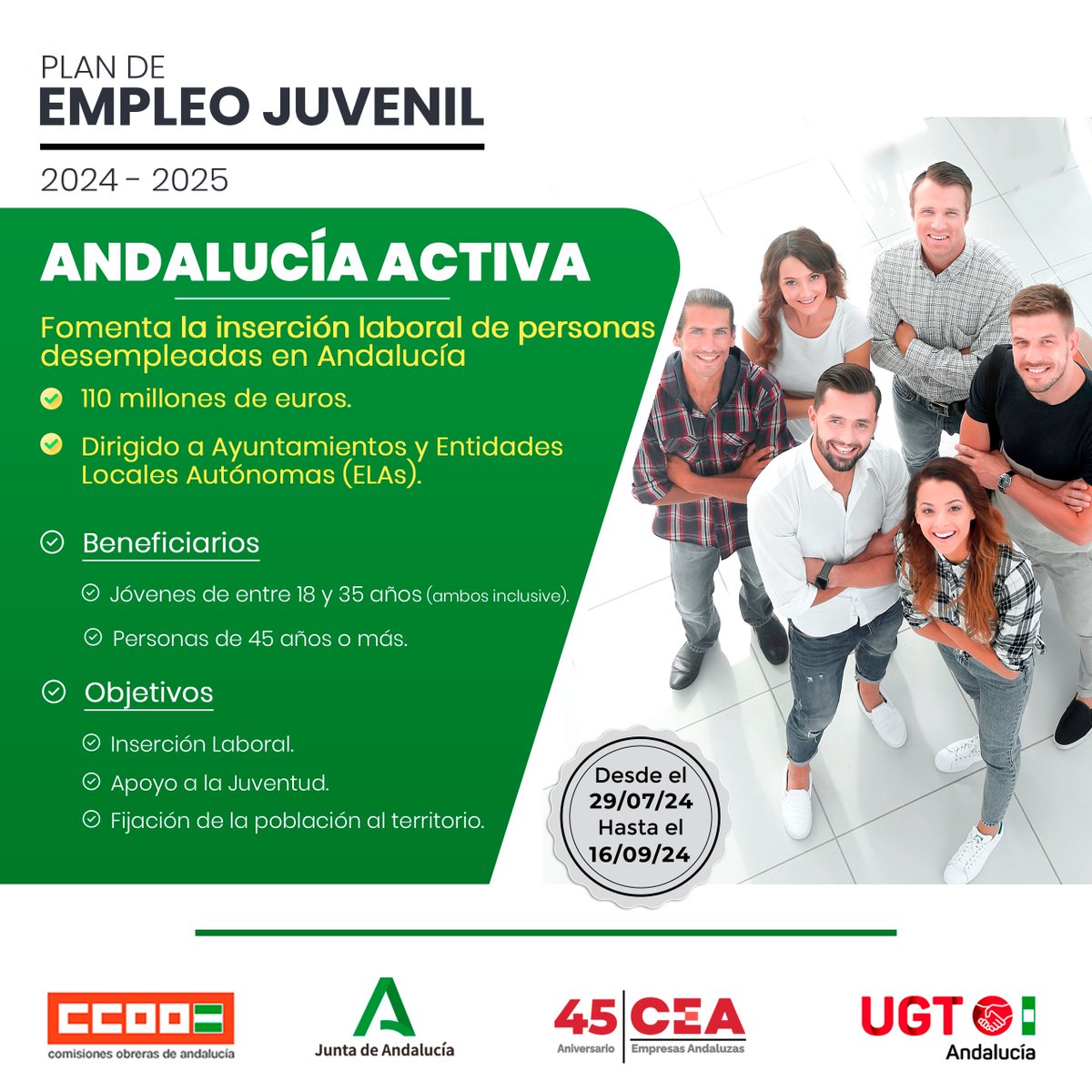 EmpleoJunta's tweet photo. ¡Ya está en marcha el Programa #AndalucíaActiva! 🚀
Un plan para impulsar el empleo juvenil y para mayores de 45 años en Andalucía
Con un presupuesto total de 110 M€, buscamos dinamizar el mercado laboral 🌍
Infórmate y no dejes pasar esta oportunidad en https://t.co/rmO8GXBM1A https://t.co/1IQmXwCKyp