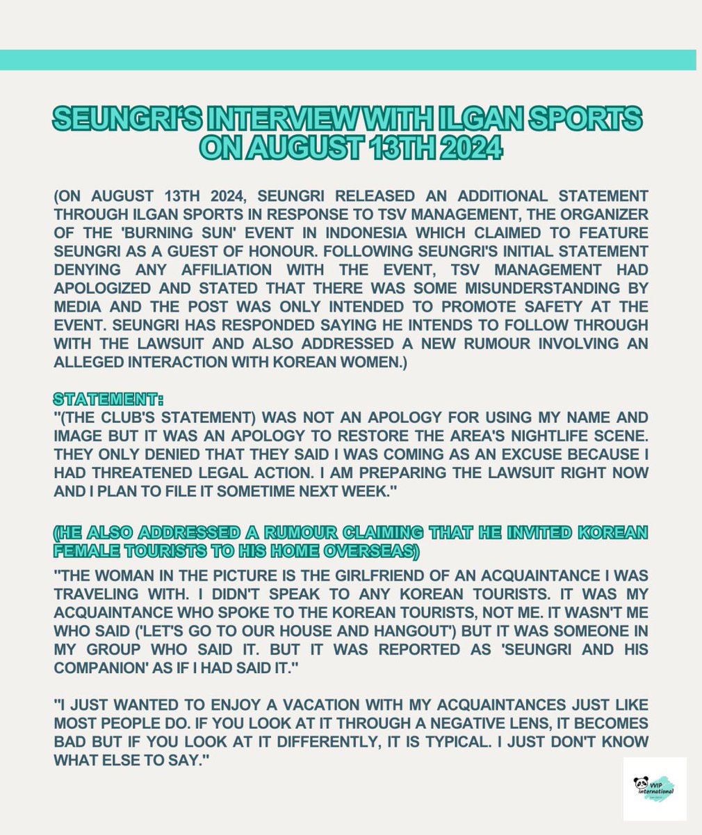 On August 13th 2024, Seungri released a new statement clarifying recent groundless rumours and stating that he plans to take legal action against the organizer of the 'Burning Sun' event in Indonesia next week. Read his statement below:
#SEUNGRI
#SeungriSpeaksOut