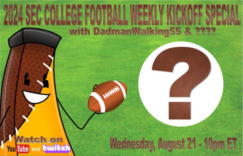 Next Monday night is the 2 Year Anniversary stream and the mystery cohost for this seasons SEC Football streams will be revealed.  <a href="/MDadmanwalking/">Mrs DadmanWalking</a> <a href="/HungrysNewTweet/">Hungry4BetterDays5</a> <a href="/DaisyBlossomfl1/">Daisy Blossom flower child 🌼</a> <a href="/BuckysCrafting/">Bucky</a> @JarenKuchta <a href="/BlueMorphoDaveC/">Dave C.</a> <a href="/SciFiMombie/">SciFiMombie</a> <a href="/AgtAtwood/">Atwood</a> <a href="/venus91122/">Lady V Elements</a> <a href="/WoopahTroopahYT/">Woopah Troopah</a>