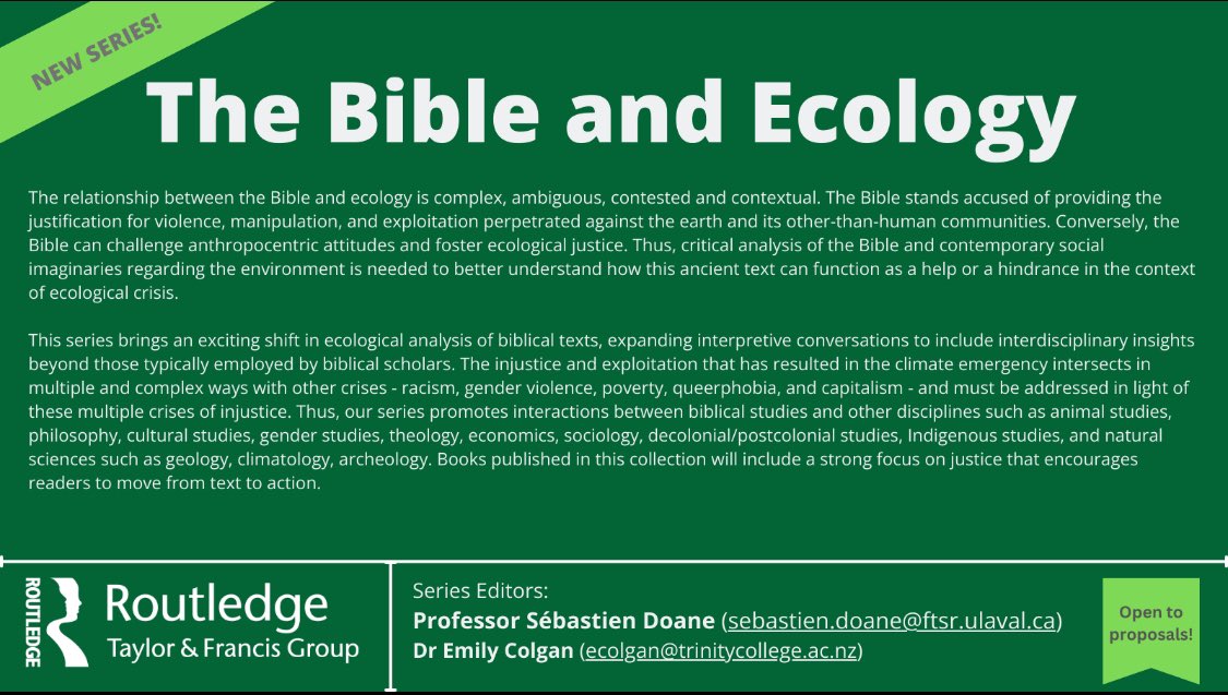 Very excited to be working with <a href="/SebastienDoane/">Sébastien Doane</a> to edit the Bible and Ecology series with Routledge. We’re hoping this series will help expand eco-hermeneutics to include greater interdisciplinary engagement. We’d love to hear from you if you’d like to write for this series