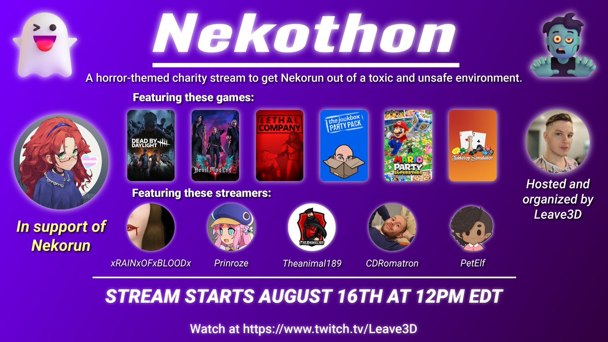 Leave3D's tweet image. ✨NEKOTHON SCHEDULE &amp;amp; LINEUP✨

Starting at 12pm EDT this Friday, the active game will change every 2 hours! This stream is in support of Neko AKA @DeepGameRes, hosted by myself, and features @RaindaBlood, @Prinroze, @calebashcraft, @CDRomatron, @Pet_Elf!

MORE IN THREAD