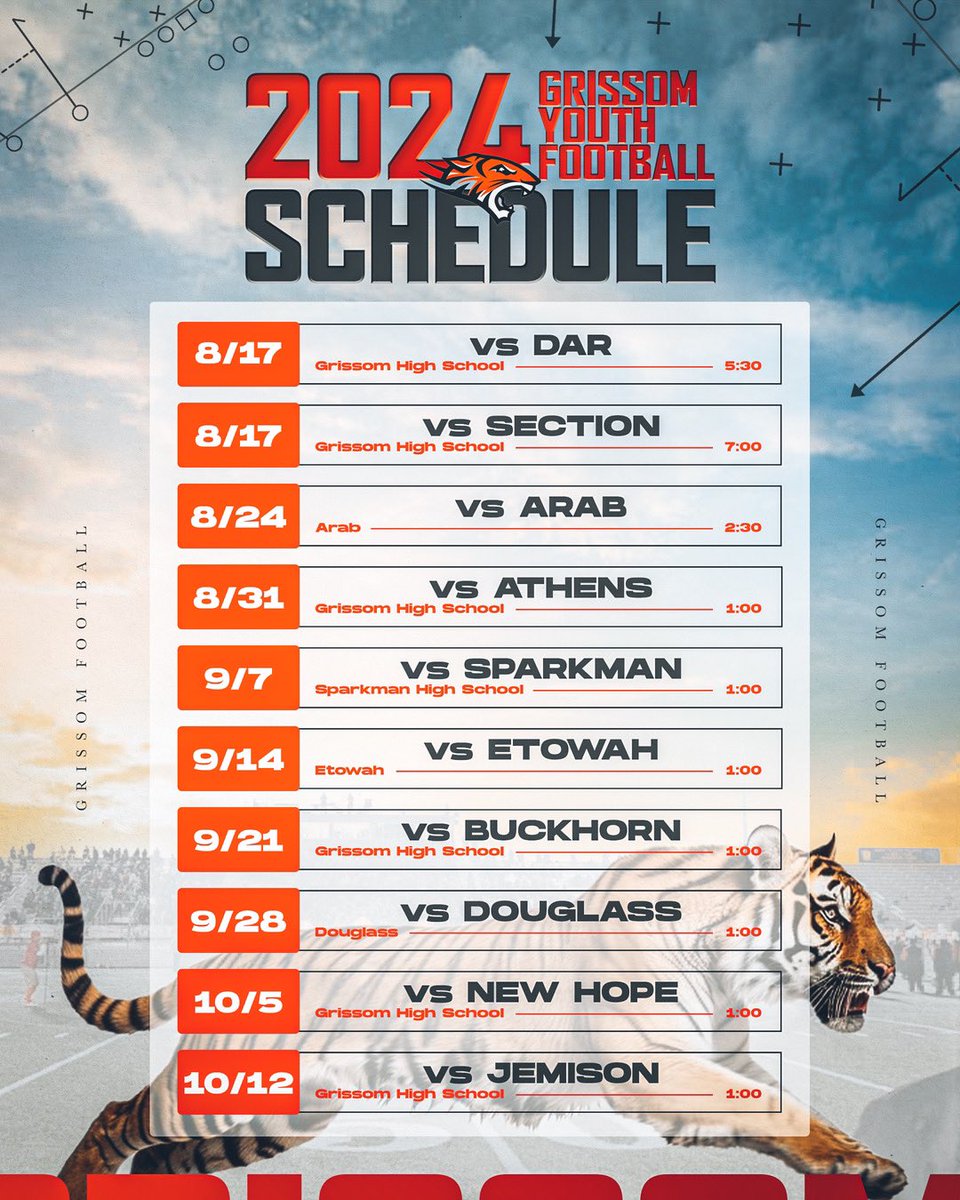 MilesGangMedia,LLC (@milesgangmedia) on Twitter photo Grissom Youth Tigers 🐅 12U Schedule 🔥🔥🔥<a href="/MaxPreps/">MaxPreps</a> <a href="/AL7AFootball/">Alabama7AFootball</a> <a href="/RecruitsAlabama/">Alabama Recruits</a> <a href="/GrissomRecruits/">#RecruitGrissom</a> <a href="/AYF/">American Youth FB</a> <a href="/GrissomTigers/">Grissom Football</a> Grissom Youth Tigers 🐅 12U Schedule 🔥🔥🔥<a href="/MaxPreps/">MaxPreps</a> <a href="/AL7AFootball/">Alabama7AFootball</a> <a href="/RecruitsAlabama/">Alabama Recruits</a> <a href="/GrissomRecruits/">#RecruitGrissom</a> <a href="/AYF/">American Youth FB</a> <a href="/GrissomTigers/">Grissom Football</a>