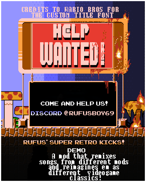 FNFRSRK's tweet photo. -Help Wanted again-
This is free of charge (No Money) 

(0/1) Pixel Sprite Artist
(0/1) Animator (If needed)
(0/1) Musician (one left)
Send your examples below if you're interested plz as longs they're good!

#fridaynightfunkin #FNFHelpWanted #fnf #fnfmod #FNFRufusSuperRetroKicks https://t.co/SM7vbUvGm3