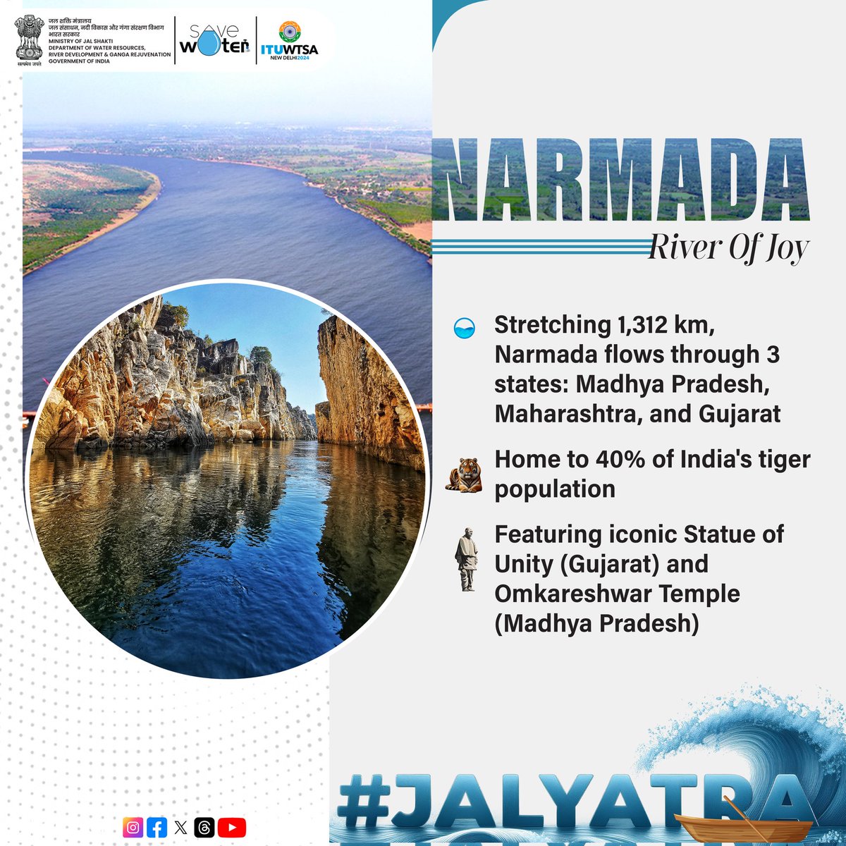 DoWRRDGR_MoJS's tweet image. Dive into the mystique of River #Narmada on this #जलयात्रा ! From sacred #Amarkantak, she carves through Jabalpur's marble wonders &amp;amp; whispers ancient tales at Maheshwar's ghats. Flowing past #StatueofUnity &amp;amp; #SardarSarovarDam, Narmada's timeless force enthralls! #JalYatra