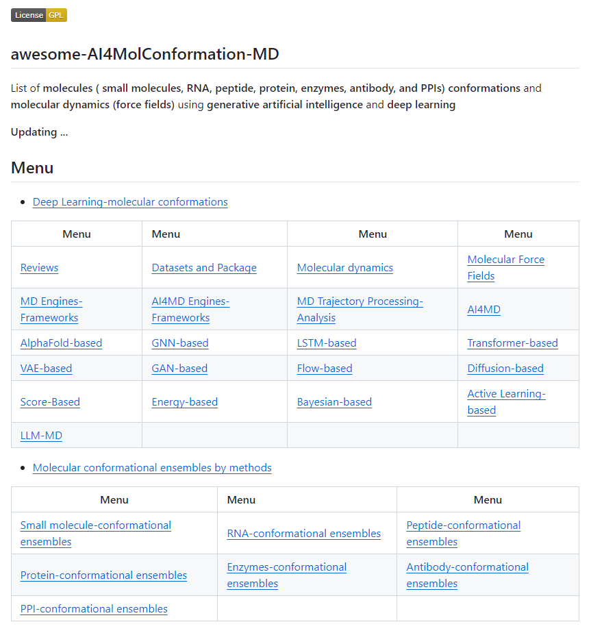 Updating !!!
Collection(GitHub): Deep Learning and Generative AI for molecules ( small molecules, RNA, peptide, protein, enzymes, antibody, and PPIs) conformations and molecular dynamics (force fields) 
github.com/AspirinCode/aw…