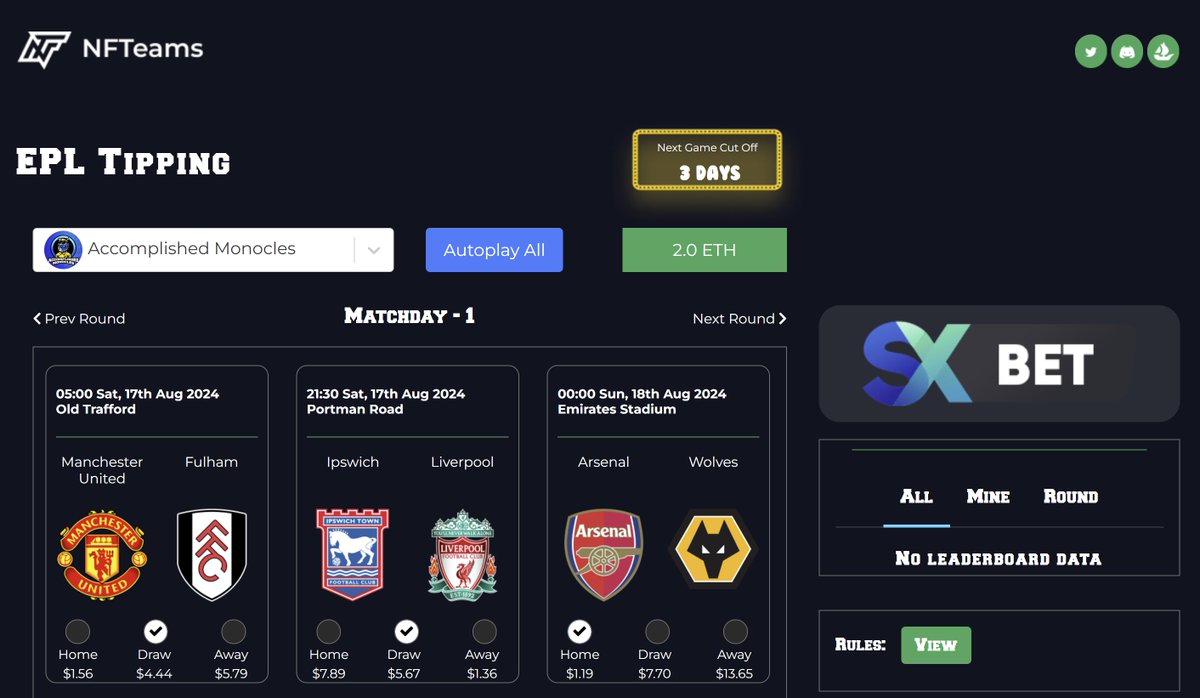 NFTeams_'s tweet image. EPL T2 is back baby.

2 ETH is up for grabs in Matchday 1. 
1 NFTeam = 1 entry

Just pick all 10 EPL results and take home your share of the prize pool.

nfteams.club/tipping/footba…