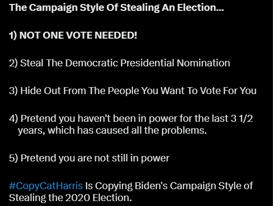 Only1Trickster's tweet photo. @atensnut So TRUE! #CopyCatHarris Is Copying Biden's Campaign Style of Stealing the 2020 Election. https://t.co/wEczJA5QSe