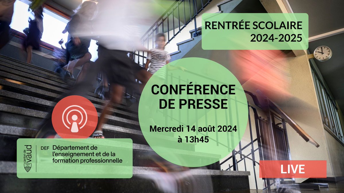 [🎒 Rentrée scolaire 2024-2025 ] 🔴Mercredi 14 août à 13h45 suivez en vidéo la conférence de presse en direct de l’Établissement primaire et secondaire Centre Lavaux.
📺Live sur les comptes Facebook, Linkedin ou Youtube de l’Etat de Vaud.
Plus d'infos sur vd.ch/rentree-scolai…
