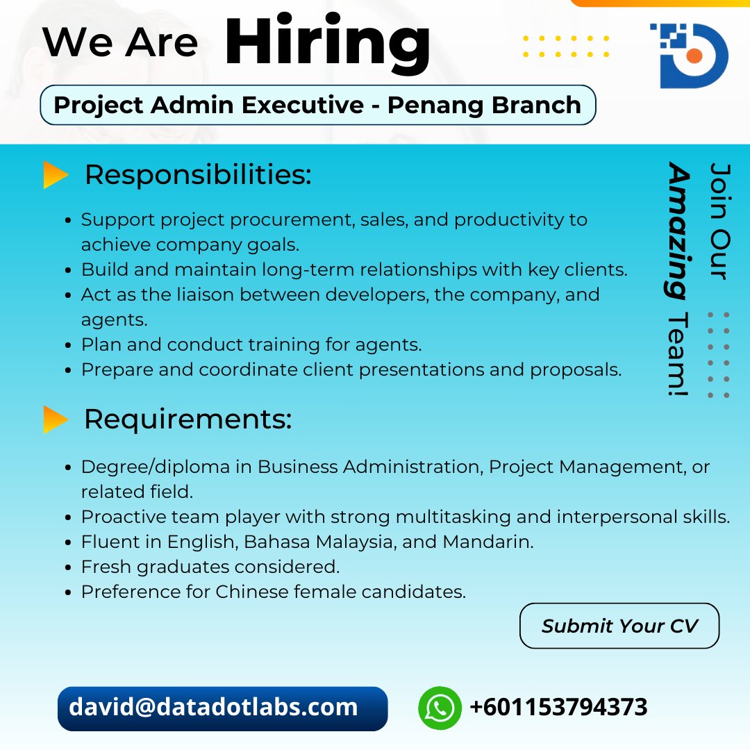 dss_bhd90719's tweet image. 🌟 We&apos;re Hiring! 🌟

Join our dynamic team as a Project Admin Executive &amp;amp; Project Executive at our Penang Branch!

Apply now! 🚀
Call/WhatsApp: +601153794373
Email: david@datadotlabs.com

#Hiring #ProjectExecutive #PenangJobs #CareerOpportunity #JoinOurTeam