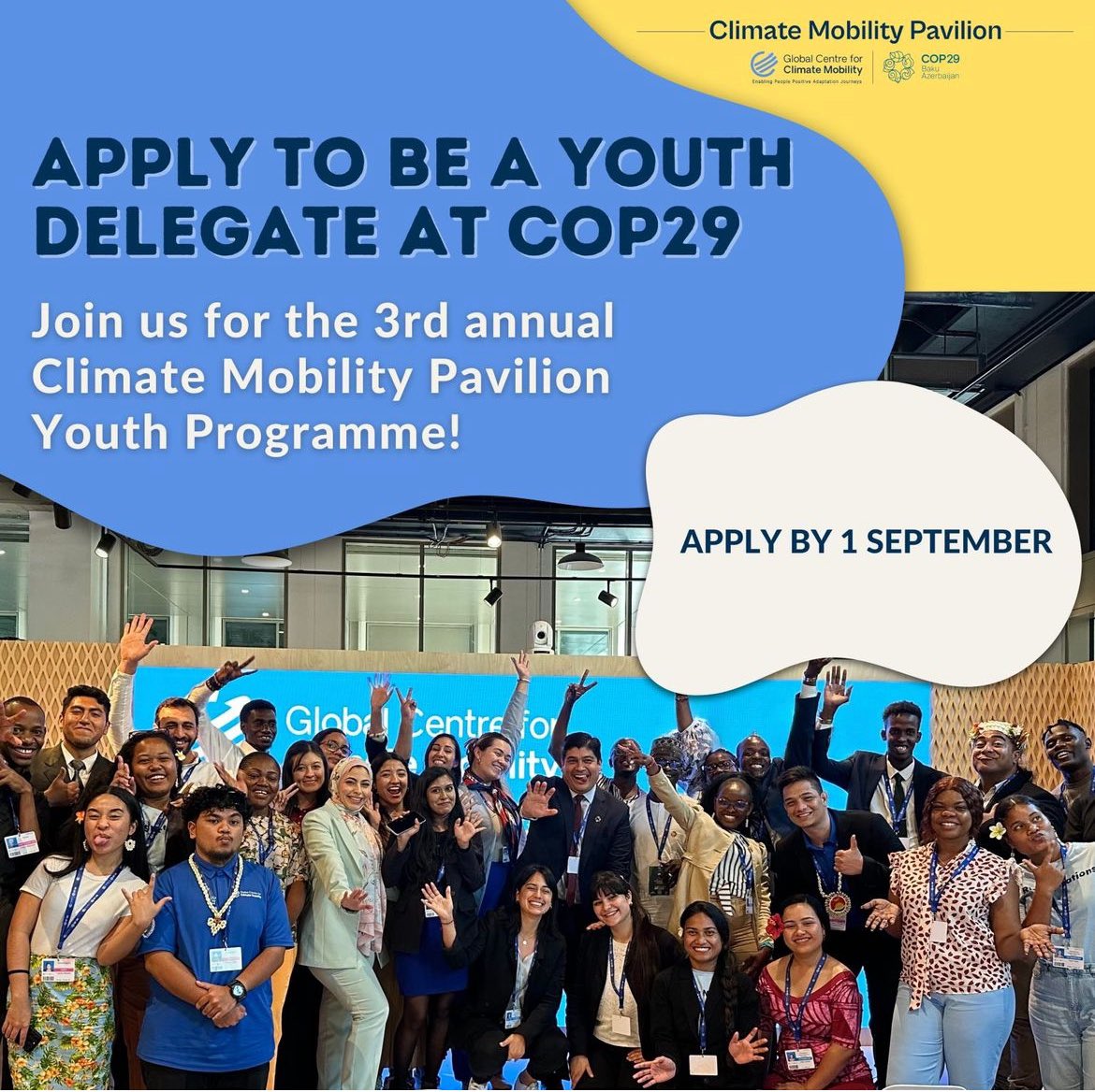opportunitiesfy's tweet photo. 🌍 Calling all young climate leaders! 🌍

Want to be a Youth Delegate at #COP29? Join the 3rd Climate Mobility Pavilion Youth Programme to drive #ClimateAction!

Apply by 1 Sept: Apply Here https://t.co/6JVRSLjjUx

#ClimateMobility | #ClimateAdaptation https://t.co/v1cY5ccZ2N