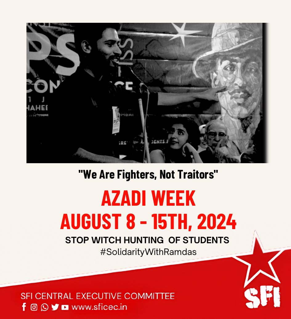 SFI_CEC's tweet photo. *"We Are Fighters, Not Traitors"*
STOP WITCH HUNTING OF STUDENTS
The 2024 Lok Sabha election results have emboldened the witch-hunt of students and suppression of free expression in universities.
#SolidarityWithRamdas #StopWitchHunting #FreeExpressionMatters https://t.co/zMB7TIC302