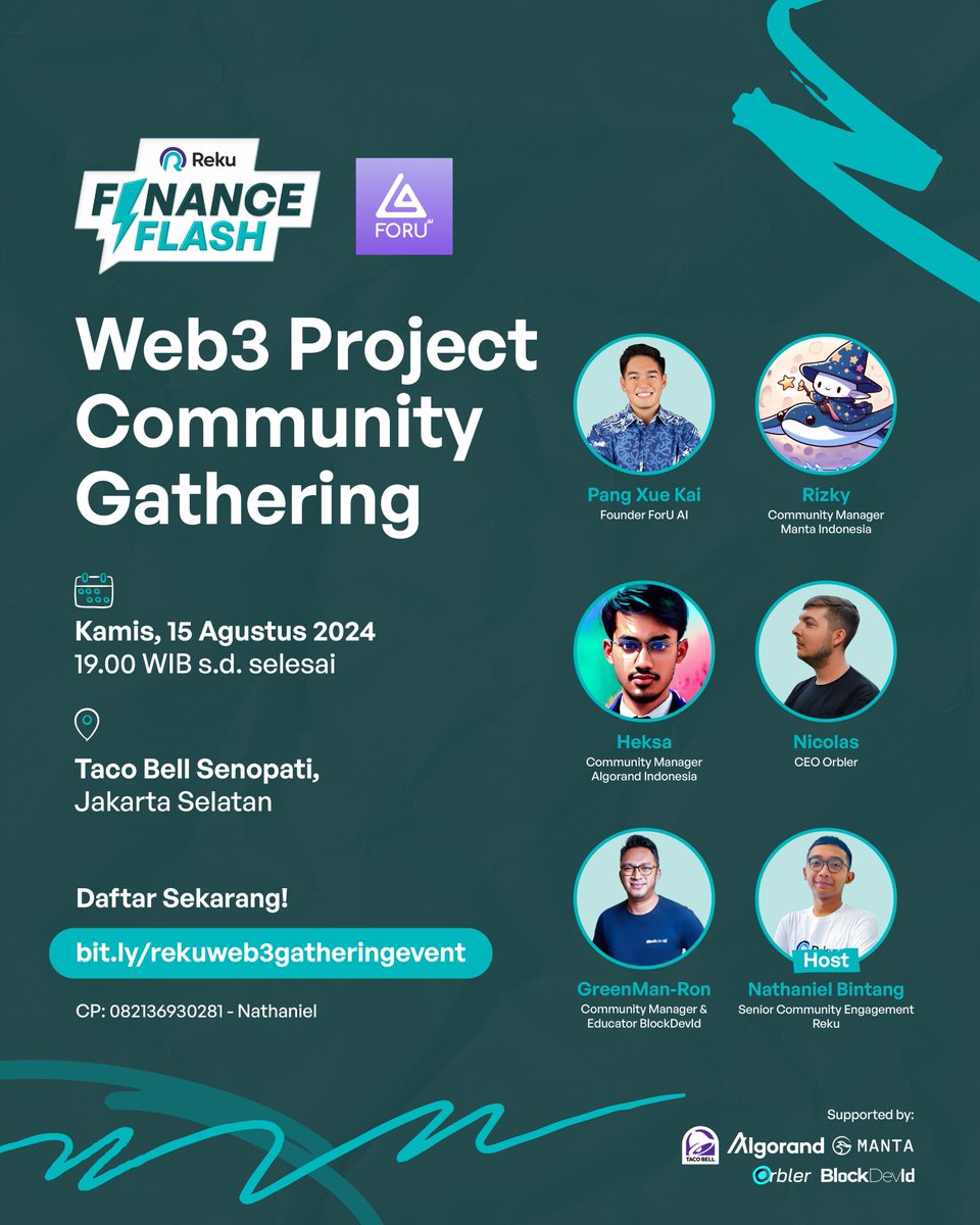 FORU AI is hitting up the #RekuFinanceFlash! 🚀

Curious about the latest in AI, blockchain, and cutting-edge Web3 projects? Join us for tacos, talks, and the future of Web3.

📅 Thursday, August 15, 2024
⏰ 19:00 WIB - onwards
📍 Taco Bell Senopati, Jakarta Selatan
👉 RSVP: