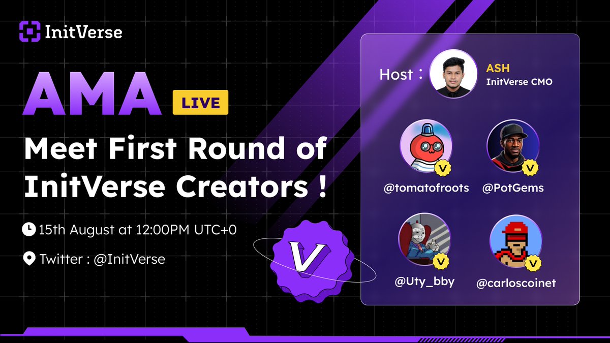 InitVerse's tweet photo. 🎉 This Thursday, get ready for the Initiverse #Ambassador Meet-up!
Join the AMA with @carloscoinet, @Uty_bby, @tomatofroots, and @PotGems.
Discover their stories, passions, and plans for ＃InitVerse.
Let’s welcome them!  https://t.co/63ln80vUm0
#DePIN #CryptoCommunity https://t.co/Xaf6Z9IvG4