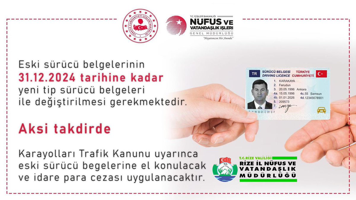 rizeilnufus's tweet photo. ‼️HATIRLATMA‼️

❗SON DEĞİŞİM TARİHİ❗

  3️⃣1️⃣🔹1️⃣2️⃣🔹2️⃣0️⃣2️⃣4️⃣

Yeni tip sürücü belgesi başvurunuzu yaptınız mı?

Yıl sonu yoğunluğundan olumsuz olarak etkilenmemek için en kısa sürede
✅ Biyometrik Fotoğraf
✅ Sağlık Raporu
✅15 ₺ Kart Ücreti
ile müracaat etmeniz gerekmektedir. https://t.co/6unHBUEB5e