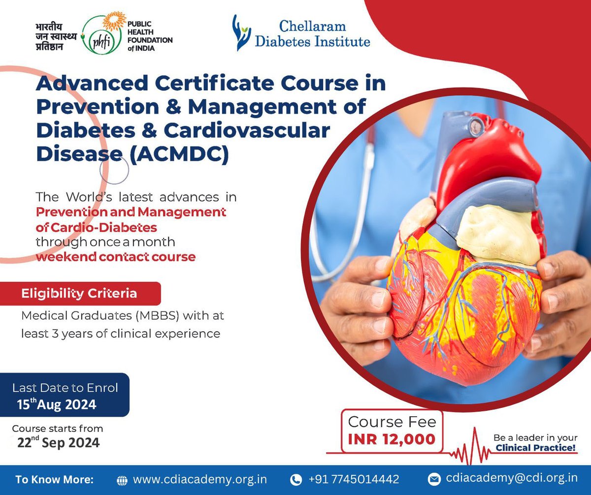 SummitCdi's tweet photo. Don't miss out on the #ACMDC course at #ChellaramDiabetesInstitute! Enhance your knowledge and skills in #Diabetes and #CardiovascularDiseaseprevention.
Enroll now and secure your spot before the last date: 15th Aug, 2024!
Enroll Here: https://t.co/ZQD7CfHh6U
@Unnikri https://t.co/vlHfHaeIgu