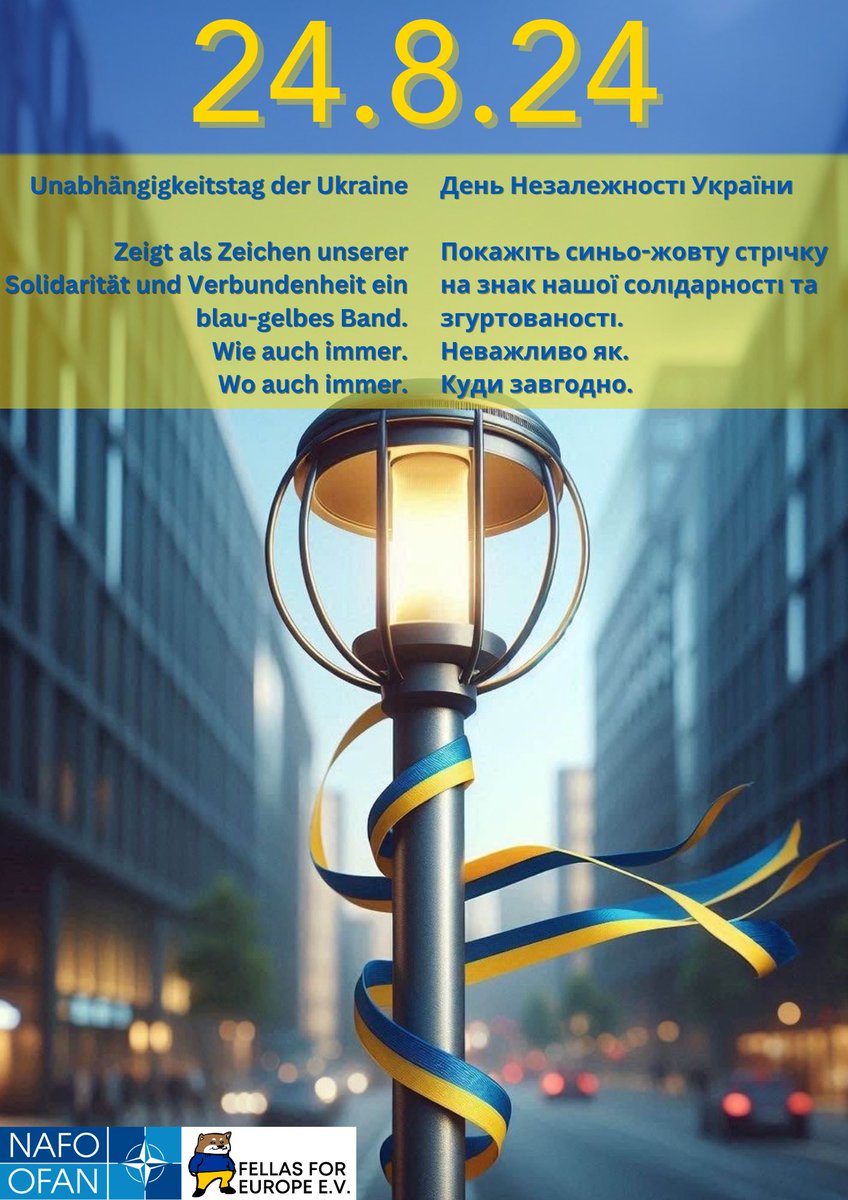 INDEPENDENCE IN OUR HEARTS

🇺🇦 Independence day approaches and the fight for freedom is ongoing.

As a sign of solidarity,
we ask you to put a blue-yellow ribbon wherever you are in the night before August 24, and post a picture in the replies.

#blueyellow
#IndependenceInMyHeart
