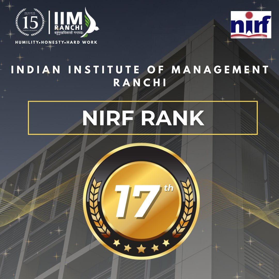 IIMRanchi_Off's tweet photo. We are thrilled to announce that IIM Ranchi has achieved a significant milestone by securing the 17th rank in the National Institutional Ranking Framework (NIRF) 2024 in the Management category! 

#NIRF2024 #IIM #IIMRanchi #ExcellenceInEducation #IIMRanchi2030 https://t.co/B9zyOOIb0f