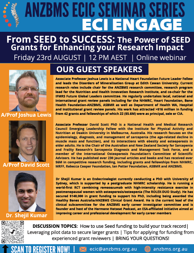 Don't miss our next #ANZBMS ECIC session of ECI Engage: SEED to SUCCESS. 

Fri 23.08 12 PM AEST

Our speakers will provide their experiences and tips on securing funding to build your track record (see flyer). Registration via QR code or using this link: forms.gle/Zu5Bt5KmV8qQL2…