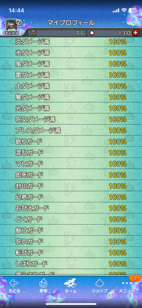 アストルティア最強ステータスになりました。見切れてますが踊り、しばりも100です。