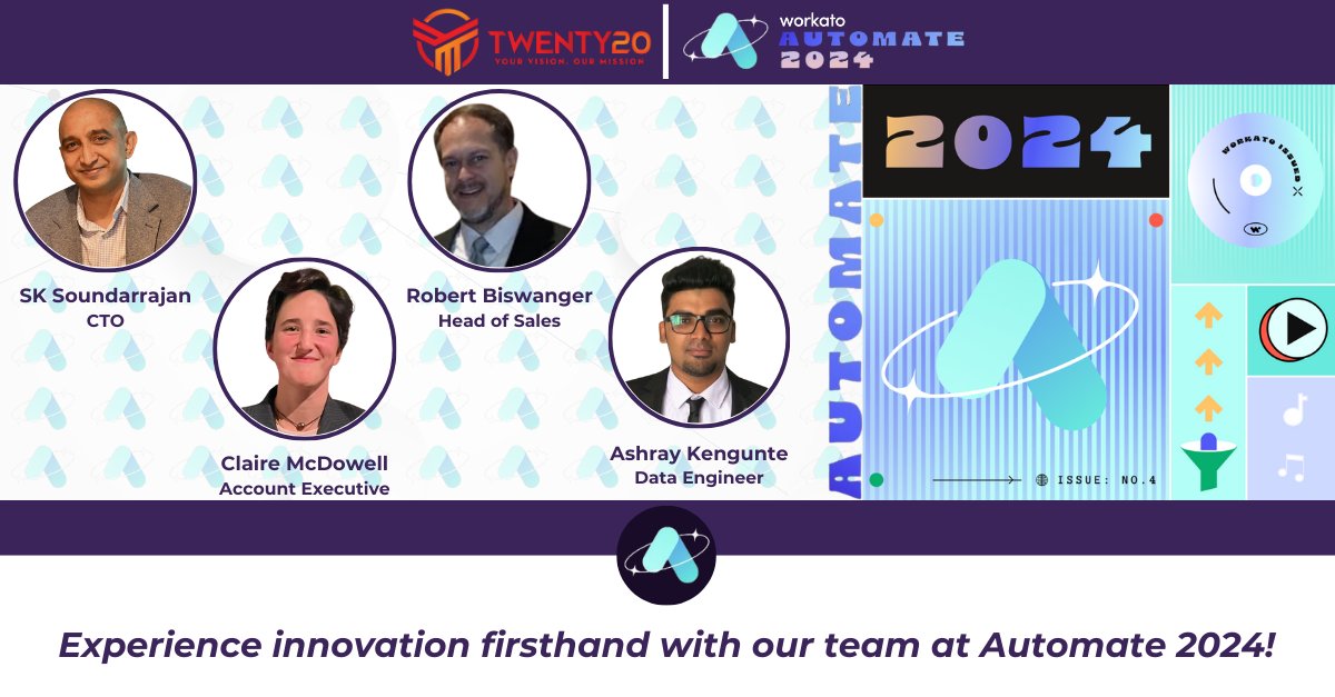 Twenty20Sys's tweet image. 🌟 It’s time! 🌟

@Workato Automate 2024 starts today! Look out for Saravana Kumar, Robert Biswanger, Claire McDowell, and Ashray Kengunte at the event. Let’s connect and discuss how our automation solutions can transform your business!

#WorkatoAutomate #Automation