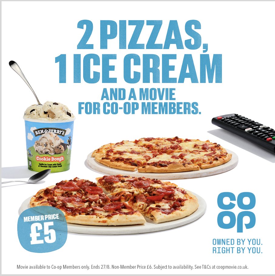 Planning a movie night? Get 2 pizzas, 1 tub of ice cream and a free movie when you're a <a href="/coopuk/">Co-op</a> Member! 
Find out more 👉 coop.uk/3YxVxJO