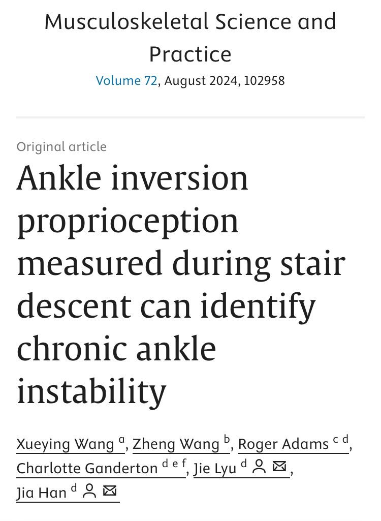 MSKPhysioJnl's tweet image. Is Joint Position Sense a useful measure for Chronic Ankle Instability? 🧐

Likely Yes 👉 In this study a novel stair descent method was used to identify chronic instability = Valid &amp;amp; Reliable Tool ✔️

buff.ly/3An0uer

#ankle #proprioception #instability