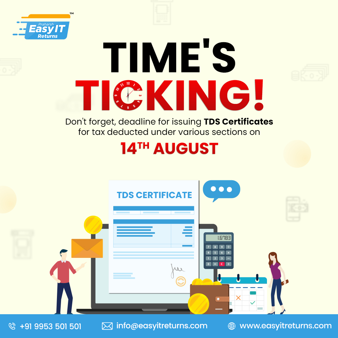 EasyITretun's tweet photo. Deadline for issuing #TDSCertificates for tax deducted under various sections such as 194-IA, 194-IB, 194M, 194S (by specified person) in June 2024. Secure your #financial future with #EasyItReturns – your countdown to #tax success starts now! https://t.co/4fChuAw4pm https://t.co/Cfmm0DQc38