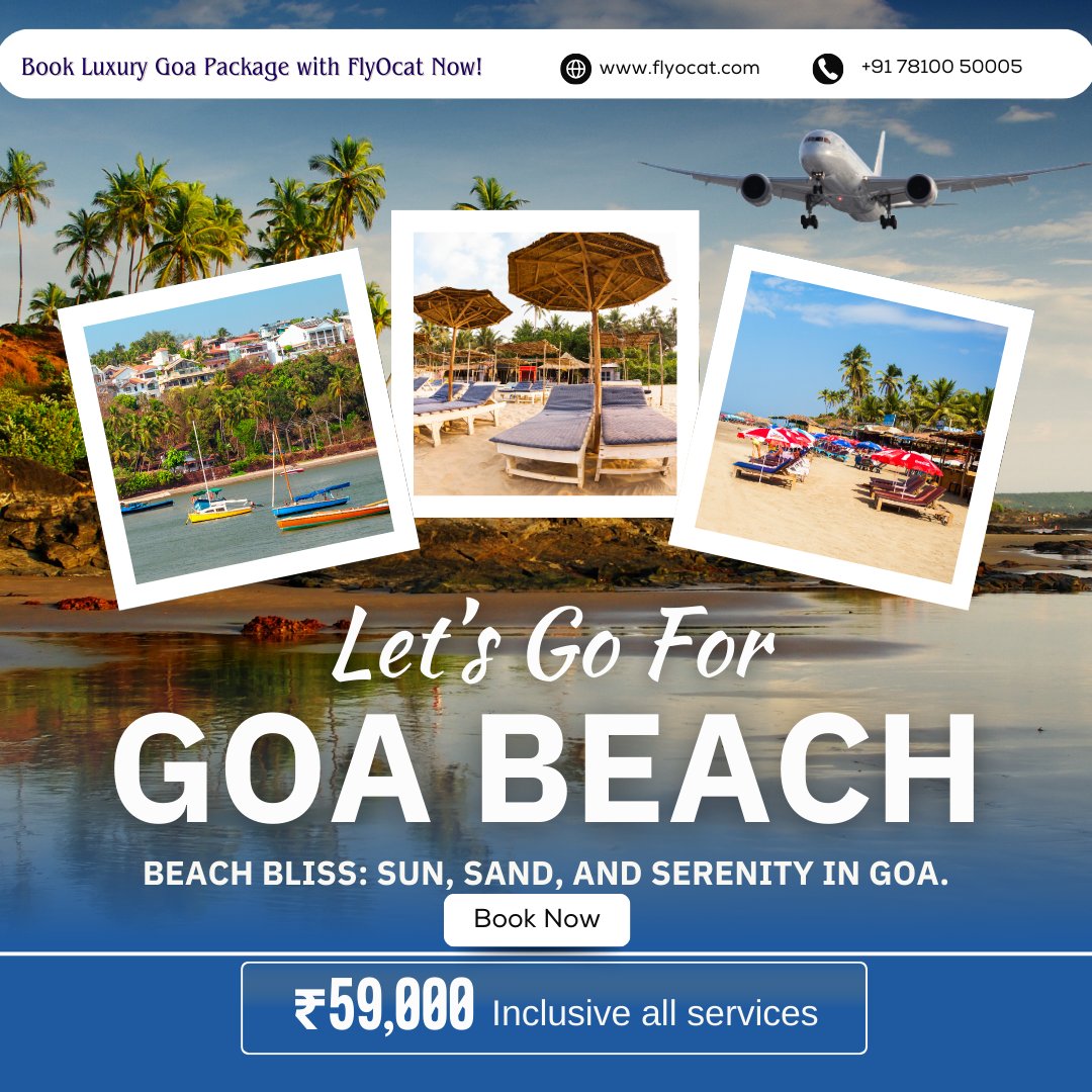 Flyocat's tweet photo. Let’s escape to the sun-kissed beaches of Goa! Book your luxury beach getaway with FlyOcat for just ₹59,000, inclusive of all services. Unwind in paradise with sun, sand, and serenity. 🌴📷 #goapackage #goapackages #goa #goabeach #goaindia #goaplaces #beautifulgoa #FlyOcat https://t.co/6LHEnzhexo