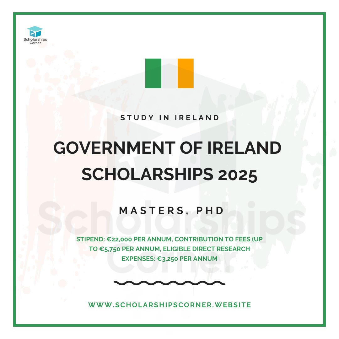 Government of Ireland Postgraduate Scholarship 2025 

Link: scholarshipscorner.website/government-of-…

Programs: Masters and PhD

Stipend: €22,000 per annum, Contribution to fees (up to €5,750 per annum, Eligible direct research expenses: €3,250 per annum

Deadline: 10 October 2024