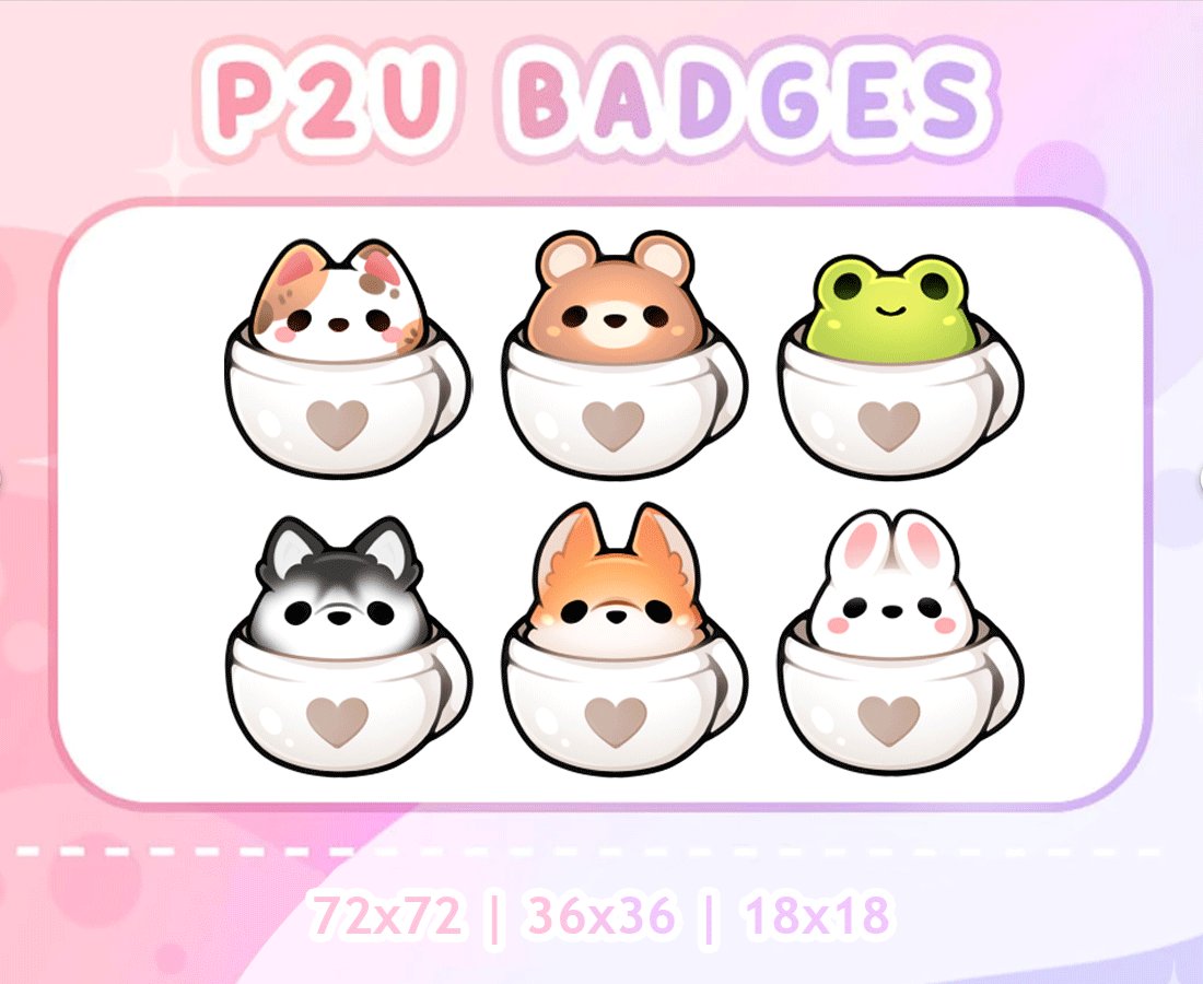 ⭐️ Animals in cups twitch sub badges ⭐️

✦ 6 badges in 72, 36, 18px  
✦ for twitch, youtube, or discord 

_____ 
✅ Available on my Esty
// link in the comments ⬇️
