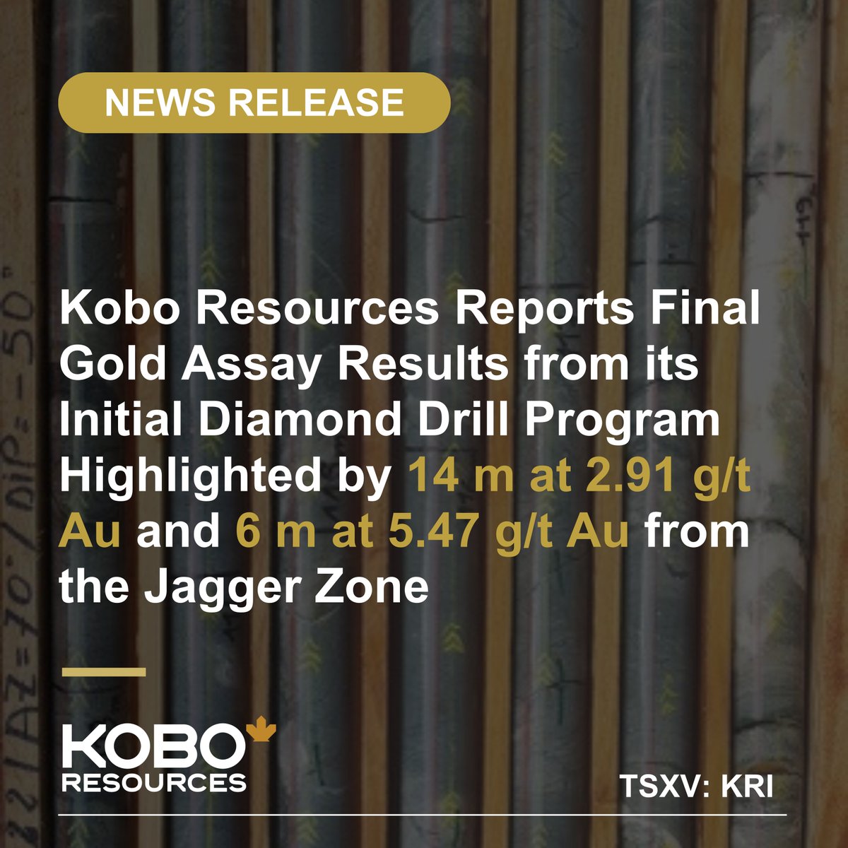 KoboResources's tweet photo. The final #gold assay results from our initial diamond drilling program underscore the strong potential of the #KossouGoldProject, particularly with high-grade intercepts, incl. 14 meters at 2.91 g/t Au and 6 meters at 5.47 g/t Au from the #JaggerZone.
→ https://t.co/dmMdSBsnq9 https://t.co/C4n6mSebAm