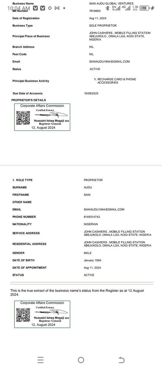 Feezkid_82241's tweet photo. @IshaqHussainiM @cacnigeria1 Good day my CAC got approved yesterday been 11th August, 2024, I want to register for TIN and the I insert the BN7818669 and the name appear like AUTANBABANYARA PROVISION which is not mine attached here is the CAC and TIN site https://t.co/BNniV83r24
