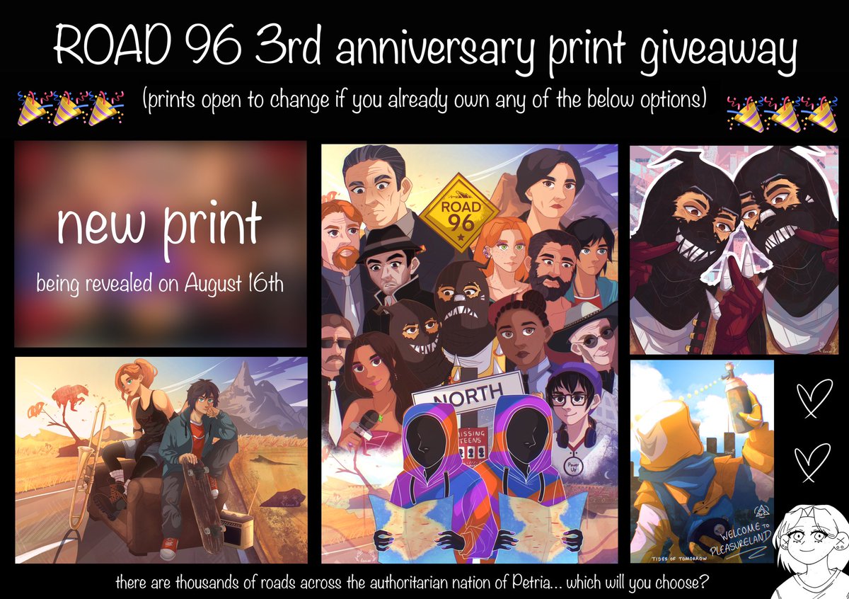 danieesketches's tweet image. In celebration of the upcoming 3 year anniversary, I’m hosting a merch giveaway which includes all of the below prints! I’m so excited to reveal the new print on August 16th.

Good luck!

#Road96 #Road96Mile0 #digixart #danieesketches