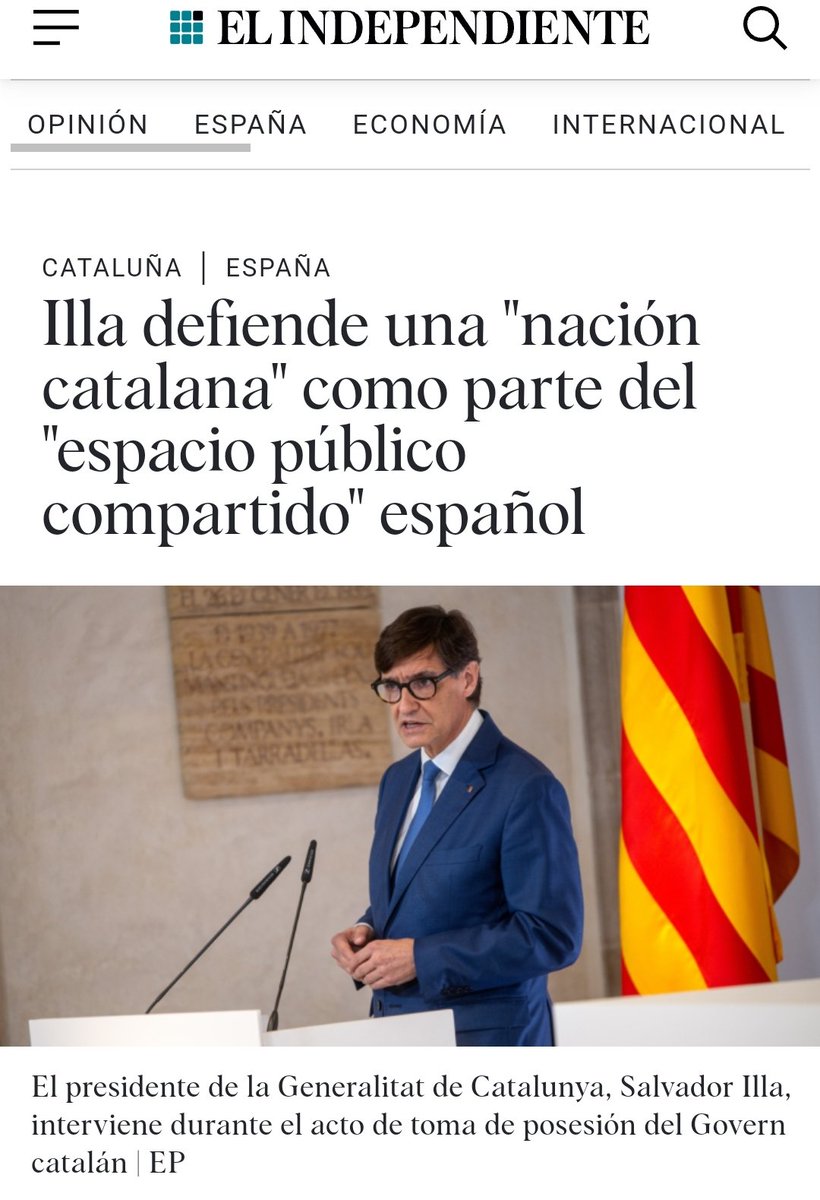 🛑Para Illa  España no es una nación es un espacio público compartido.
🛑Illa ha subrayado que "la nación catalana forma parte del espacio público compartido que es España".
🛑Desde hace muchísimos años el PSC es la muletilla del nacionalismo/separatismo.