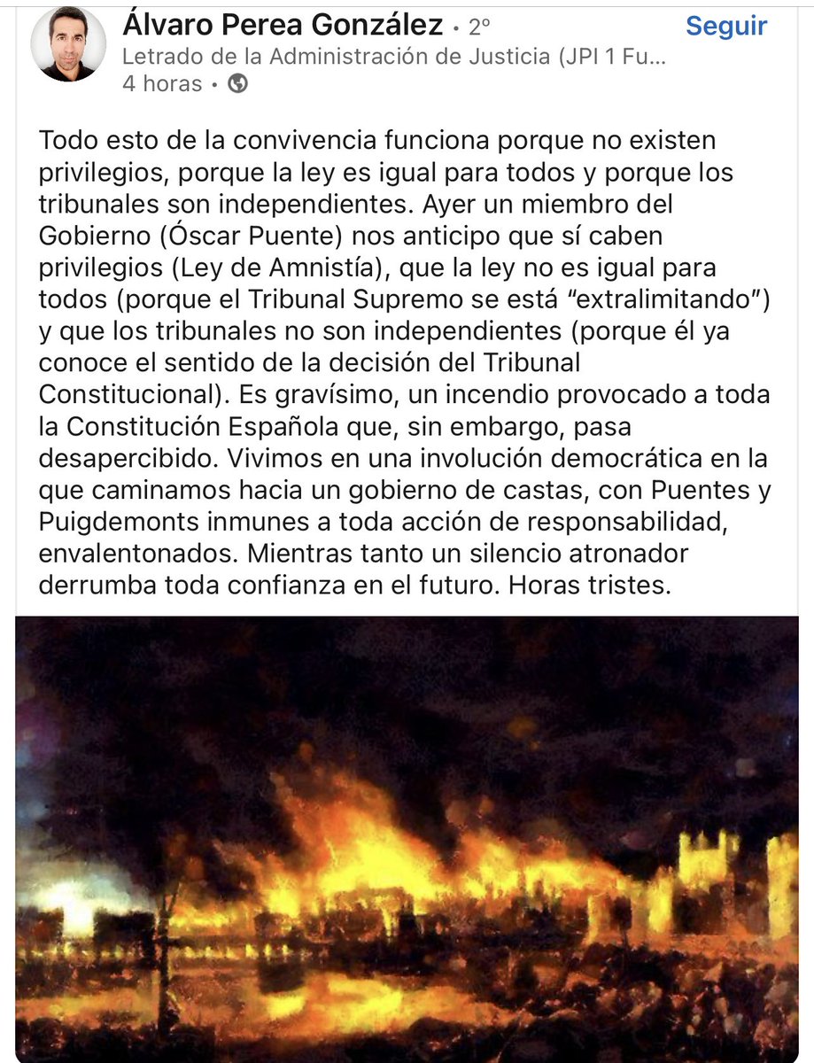 Todo tiene un límite !!!!
Y cuando se agota la paciencia de soportar tanta injusticia, el movimiento se vuelve hacia el otro extremo tornándose incontrolable, y por ende, también injusto. Ojalá no llegue ahí
<a href="/oscar_puente_/">Óscar Puente</a> <a href="/TConstitucionE/">Tribunal Constitucional de España</a> <a href="/sanchezcastejon/">Pedro Sánchez</a> <a href="/Esquerra_ERC/">Esquerra Republicana</a> <a href="/JuntsXCat/">Junts per Catalunya🎗</a>