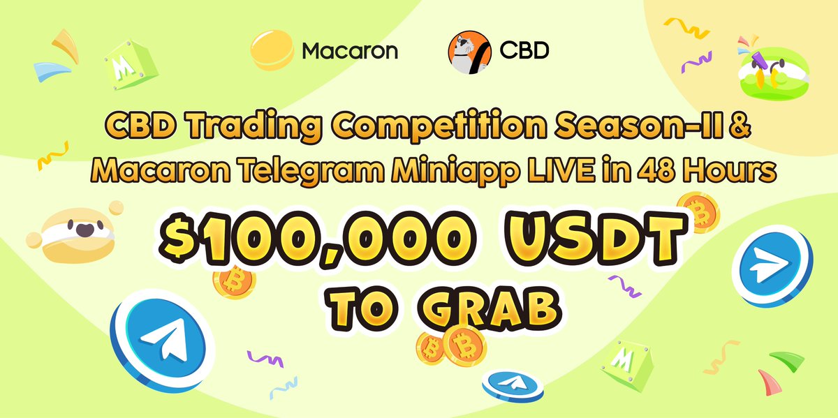 🎉 $CBD Trading Competition Season-II Incoming <a href="/catdrivebitcoin/">Cat Driving Bitcoin (🏁🐱)</a>‼️ And~ Macaron Launches Telegram Mini App 🏎️  

Deposit &amp; Trade to Split $100,000USDT 😱

🏎️ 48 Hours to Go 

🏎️ Win 3 Macaron NFTs NOW, tag 3 frnds &amp; RT, leave your EVM address, winners to announce on 20th.